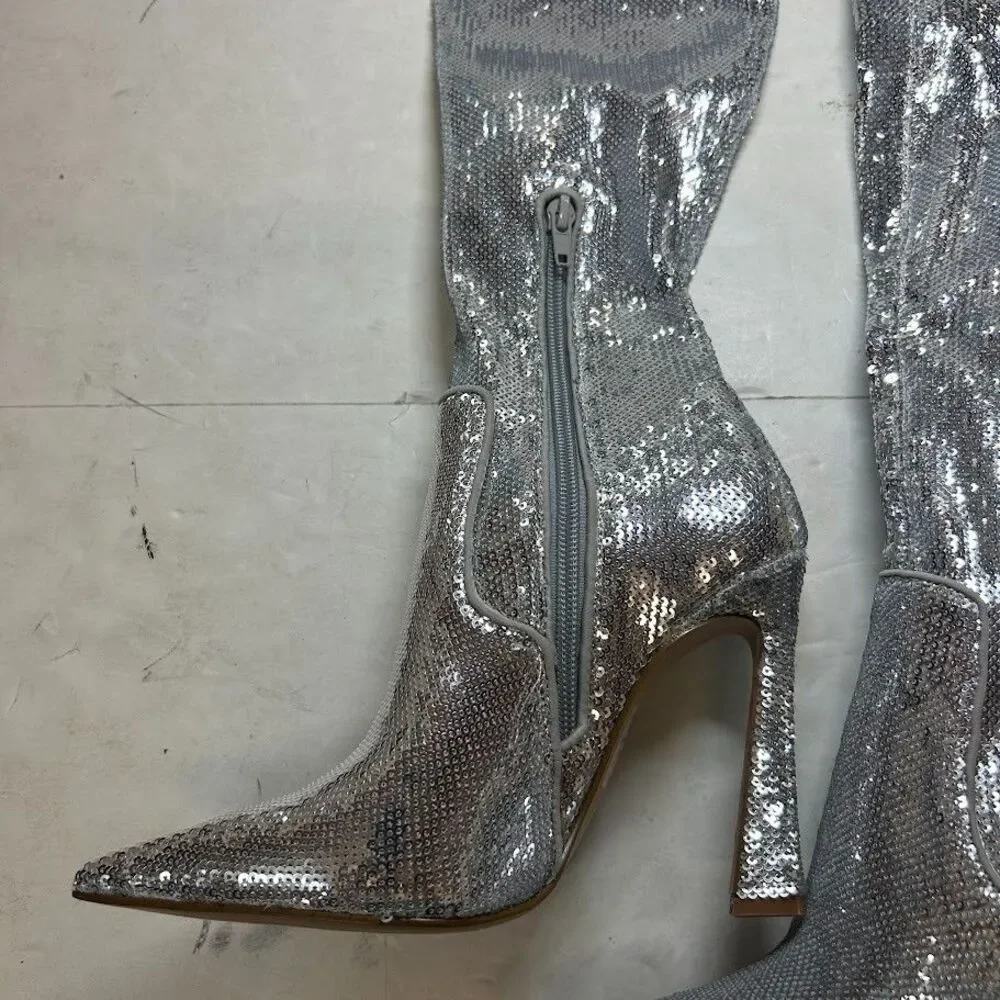 Steve Madden Women 5 M Silver Sequin Laddy Over The Knee Boots DISPLAY MR9